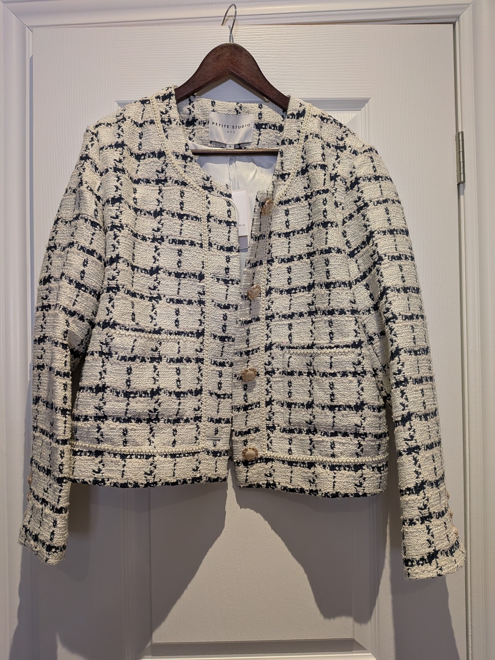 Petite Studio Cream and Black Windowpane Tweed Jacket